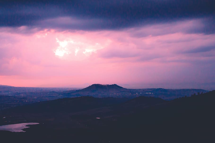 photo of nimbus clouds, sunset, view, landscape, highland, peak HD wallpaper