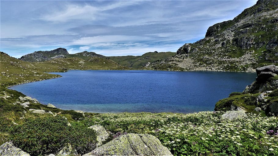 landscape, mountain, nature, summer, lake, sky, flowers, water HD wallpaper