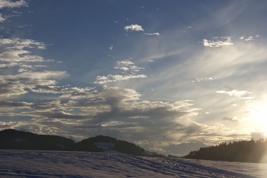 sunset, winter mood, snow, wintry, cold, lighting, cloud - sky HD wallpaper