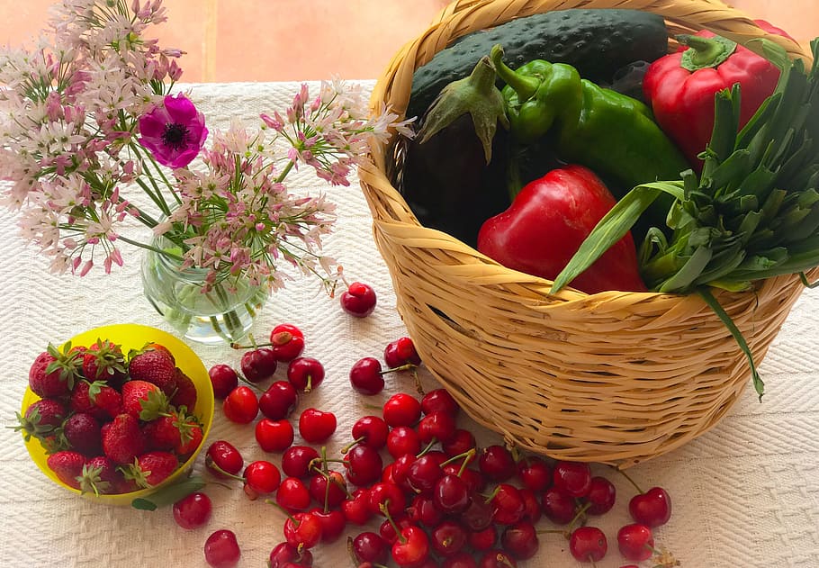 cherries, fruit, vegetables, basket, power, cherry, red, sweet HD wallpaper