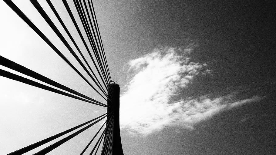 low angle photography of bridge wire under clouds, white clouds HD wallpaper