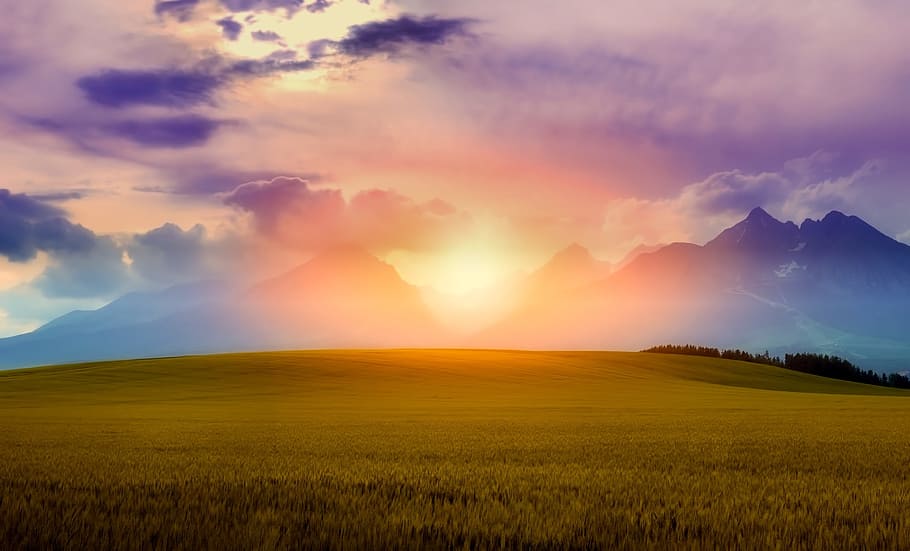 photo of sun set behind black mountains, tatras, sky, clouds HD wallpaper