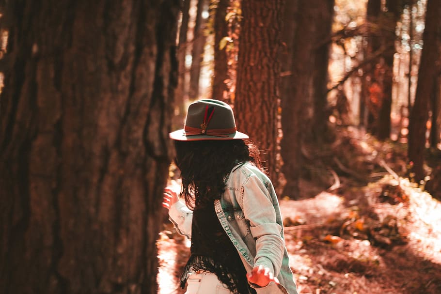 person wearing button-up long-sleeved shirt looking on tree inside forest, person standing beside tree HD wallpaper