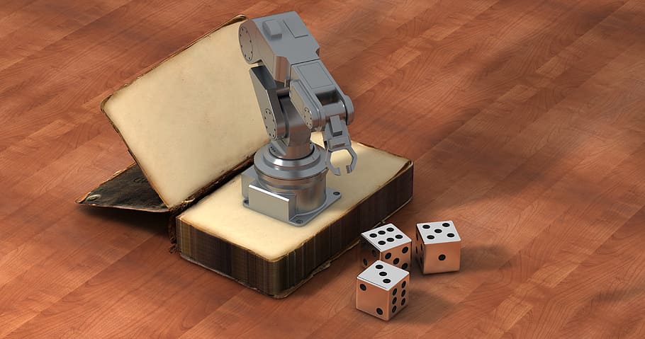 gray metal hook tool and three white dice, book, robot, cube, HD wallpaper