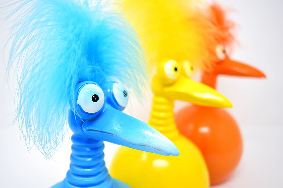 three assorted-color bird plastic toys, jokers, orange, blue, HD wallpaper