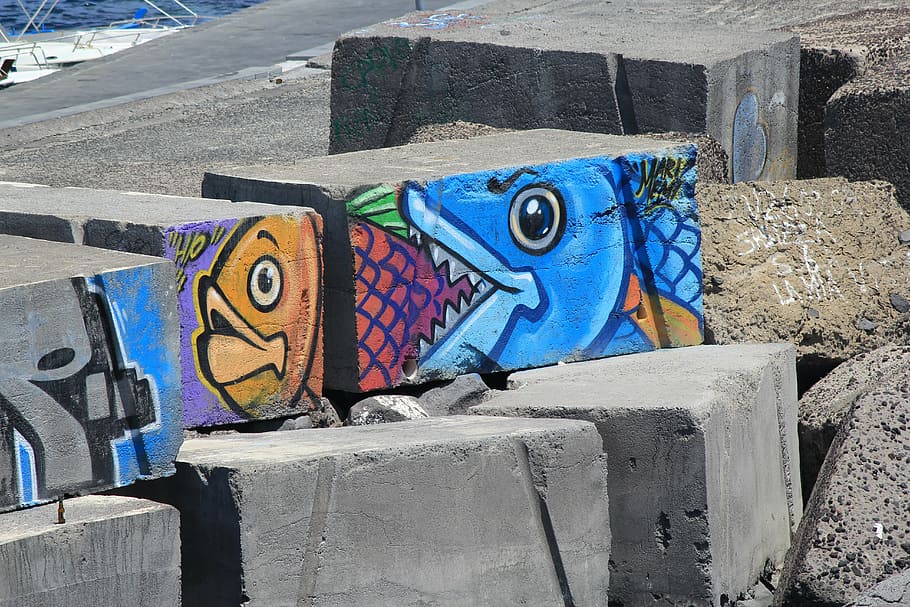 graffiti, art, concrete blocks, multi colored, no people, blue HD wallpaper
