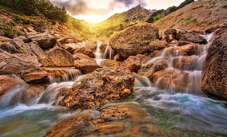 time lapse photography of falls during golden hour time, waters HD wallpaper