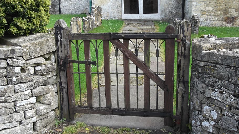 gate, wooden, stone wall, rustic, old, architecture, door, house HD wallpaper