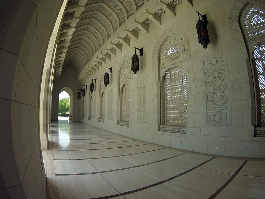 Oman, Mosque, Sultan, Muscat, arch, indoors, architecture, corridor HD wallpaper