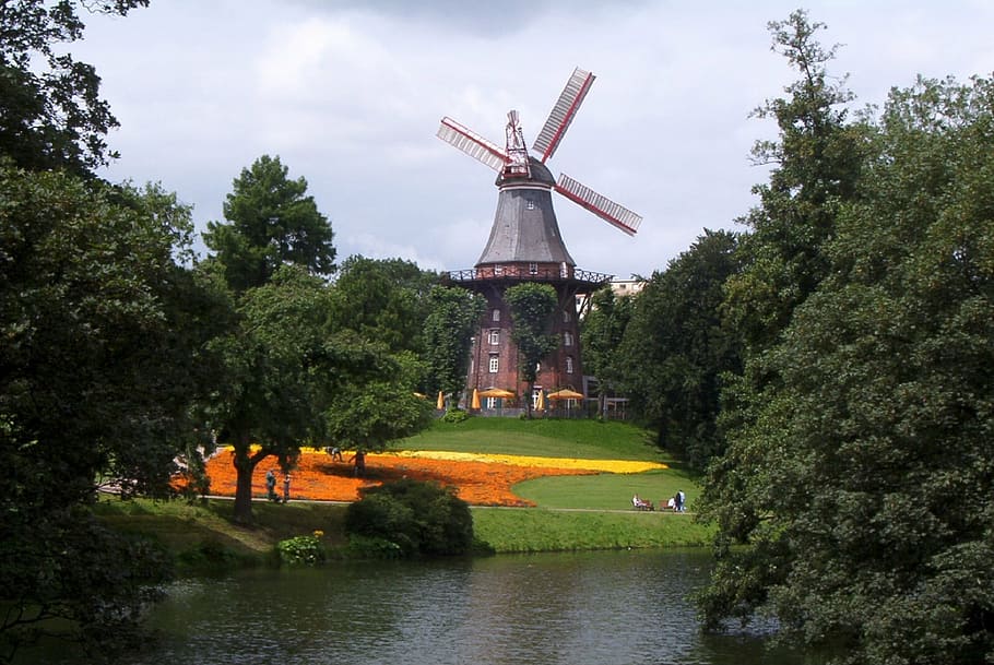 wind mill near trees and river, windmill, lake, park, landscape, HD wallpaper