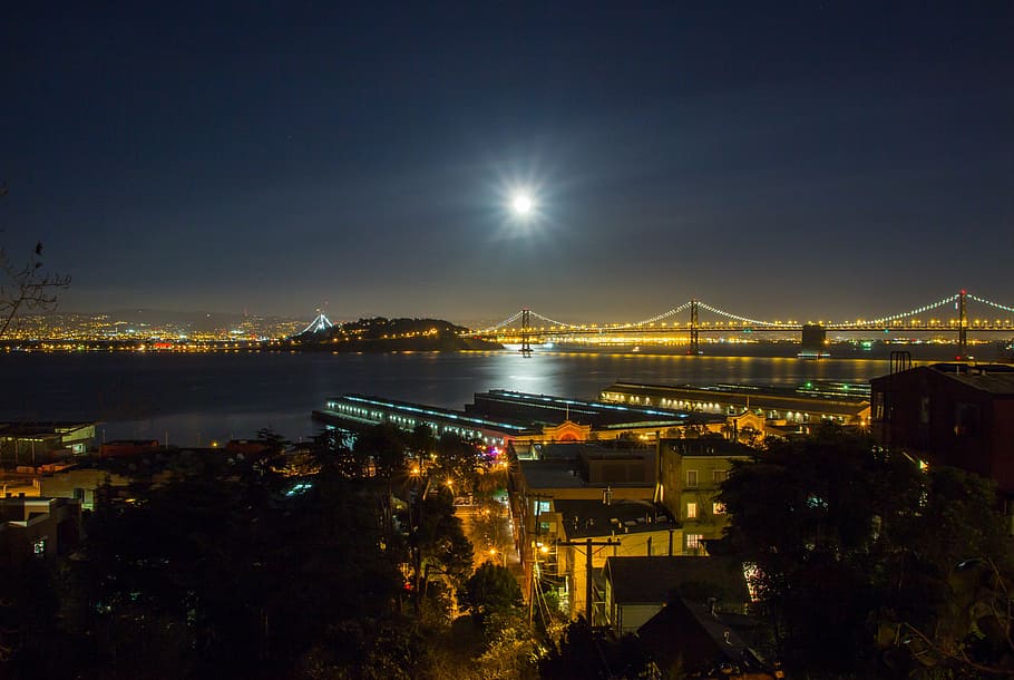 city with suspension bridges during nighttime, san francisco, HD wallpaper
