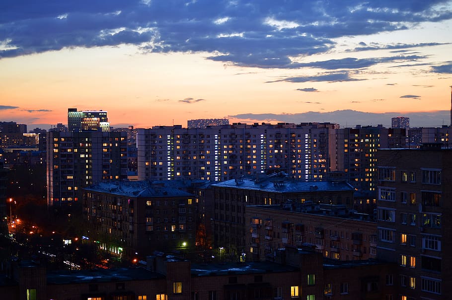 sunset over city buildings, night, lights, dusk, evening, urban, HD wallpaper
