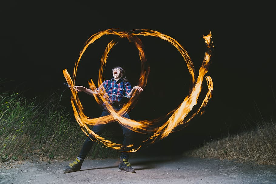 dark, night, path, people, girl, woman, dancing, fire, light HD wallpaper