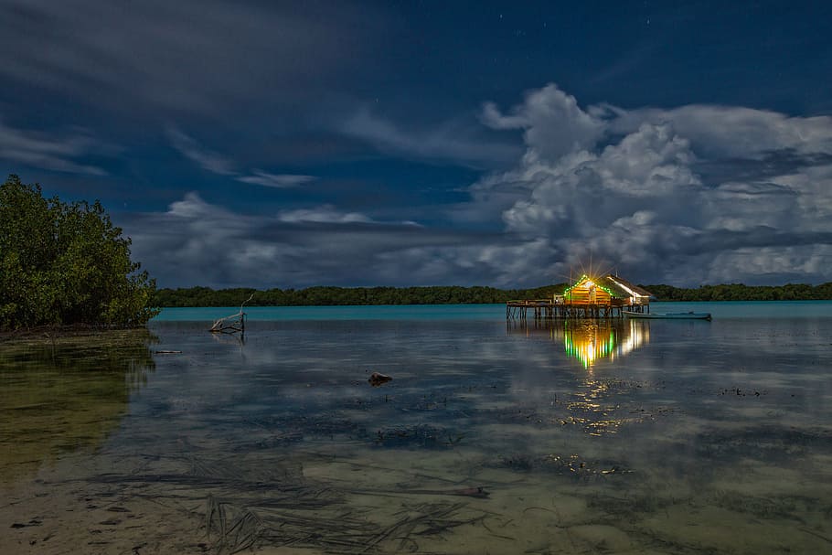 shack surrounded body of water, lagoon, night view, the water shed, HD wallpaper