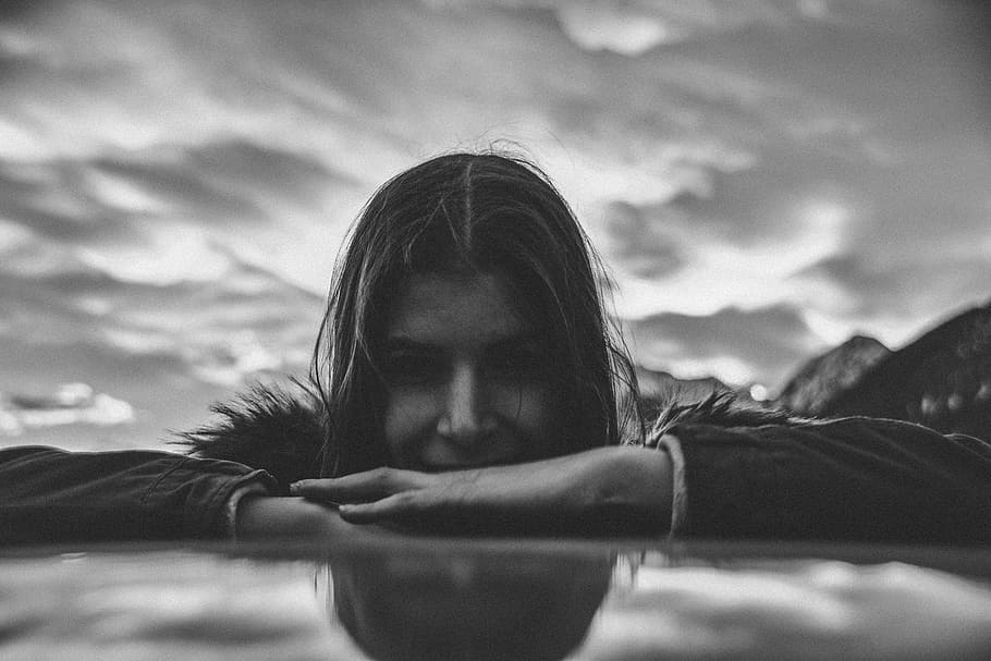 grayscale photo of smiling woman, sky, portrait, person, face HD wallpaper