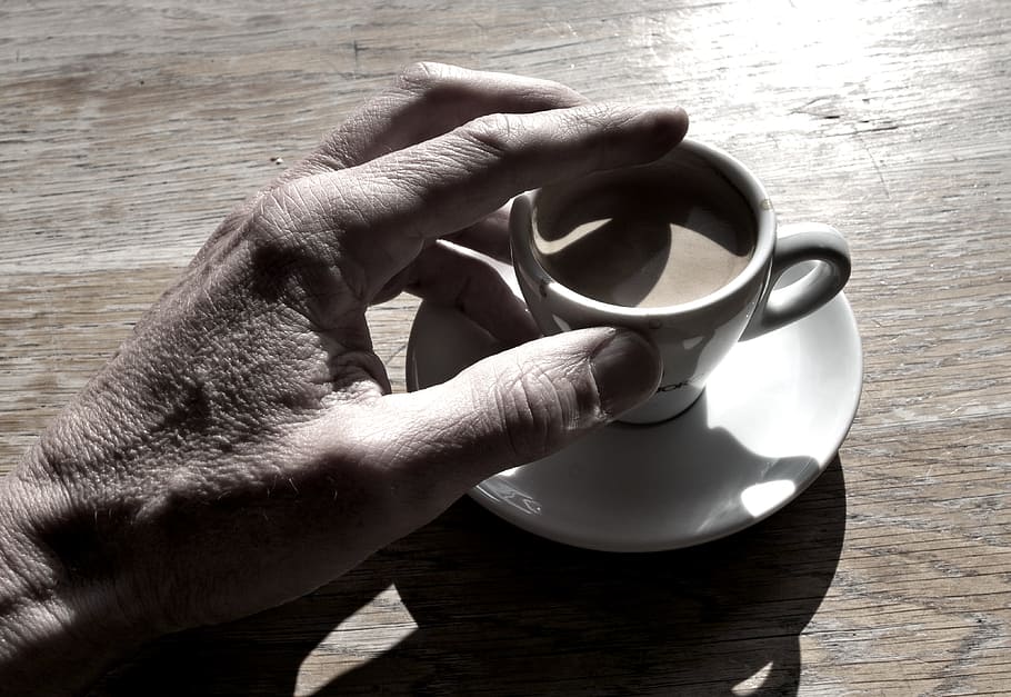person touching white cup on saucer, Coffee, Hand, Cup, Drink HD wallpaper