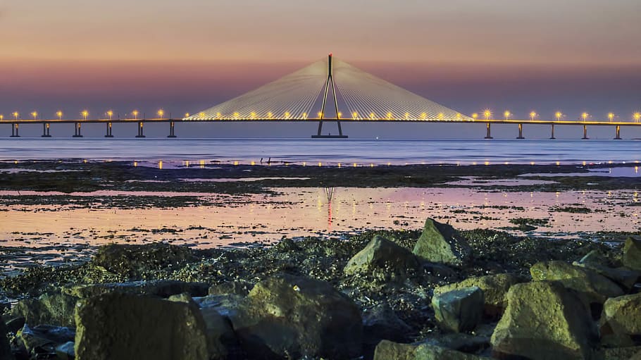 landscape photo of cable bridge above body of water, panoramic HD wallpaper
