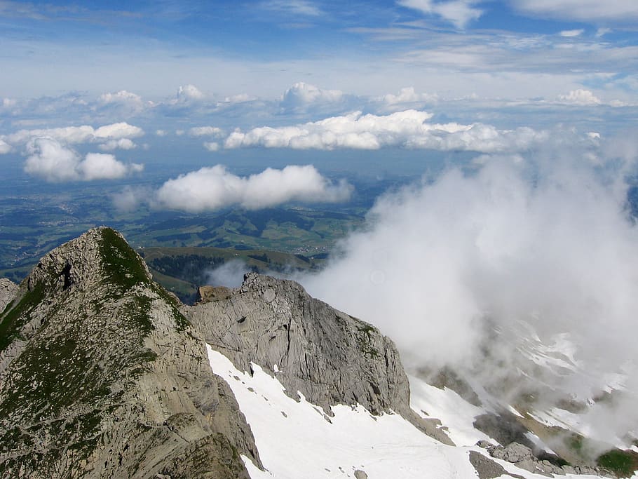 summit, mountain, clouds, sky, switzerland, view, säntis, beauty in nature