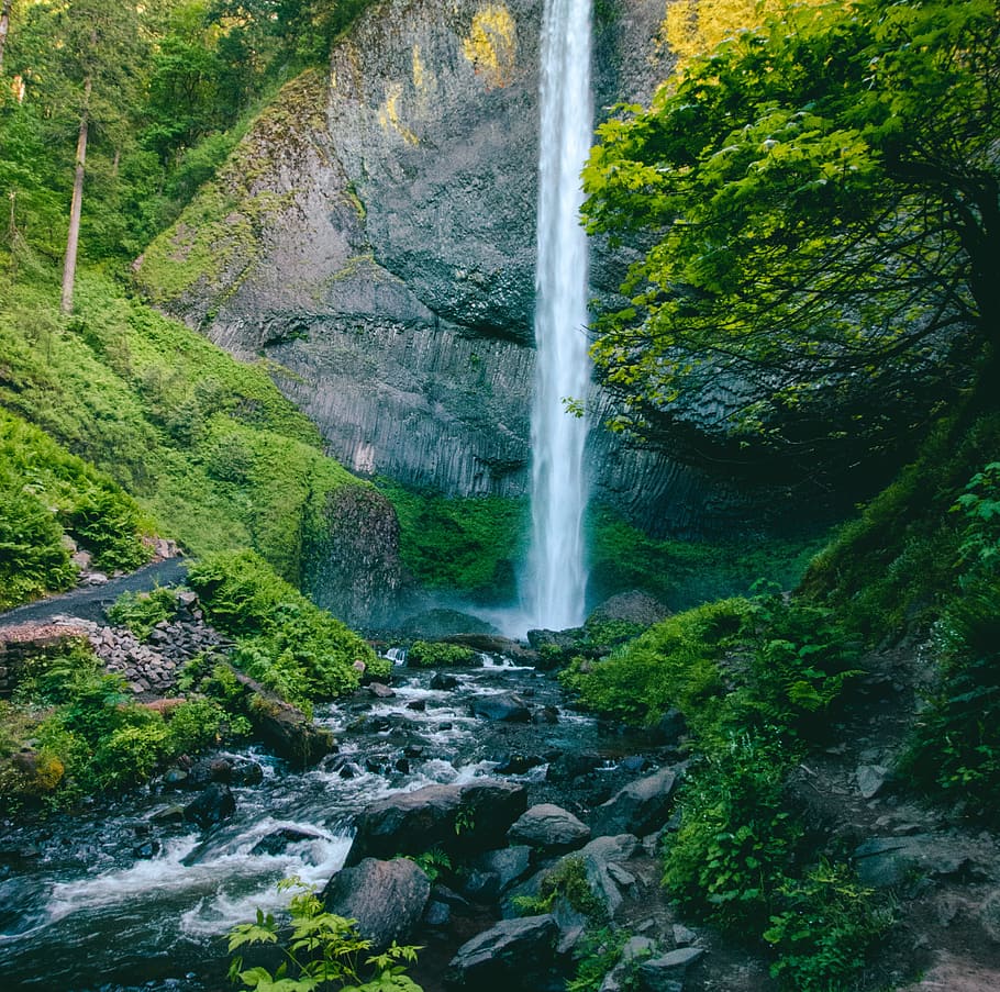 wood, landscape, nature, water, cascade, environment, falls, flow HD wallpaper