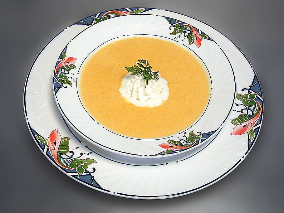 round white floral plate, soup, starter, gourmet, carrot soup, HD wallpaper