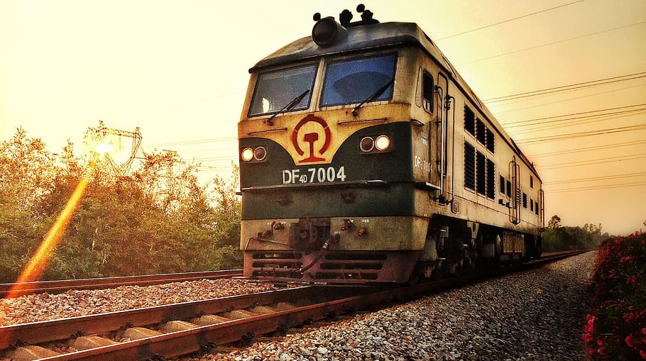gray train on railroad, sunset, rail transportation, track HD wallpaper