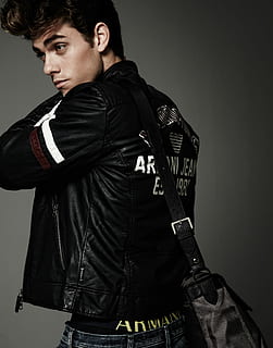 man wearing black leather jacket and black crossbody bag, armani HD wallpaper