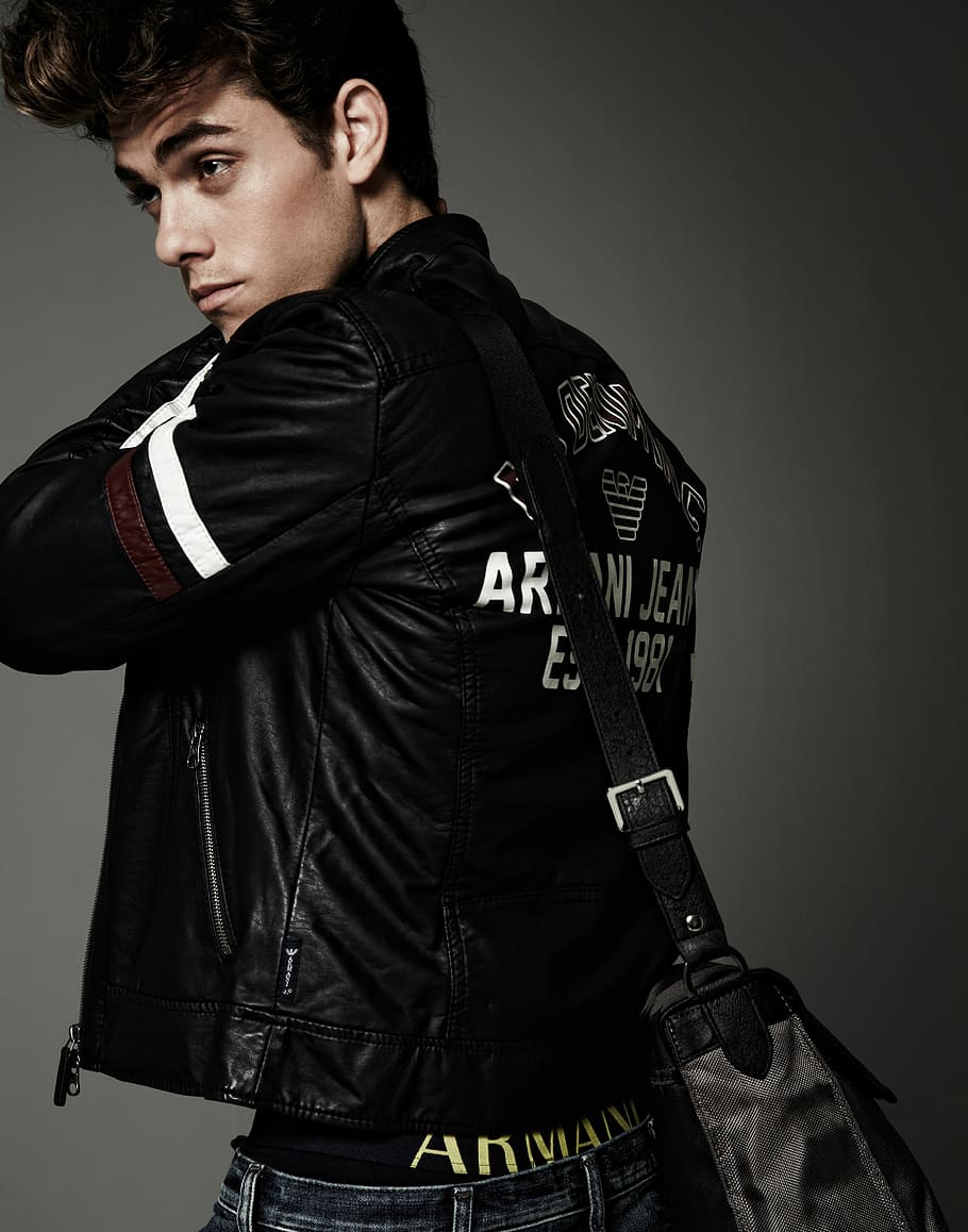 man wearing black leather jacket and black crossbody bag, armani HD wallpaper