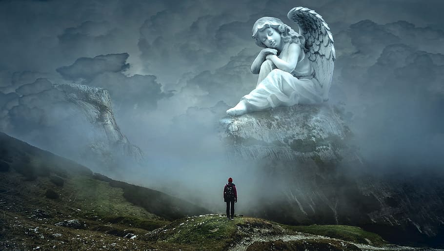 silhouette of person looking at angel statue illustration, fantasy HD wallpaper