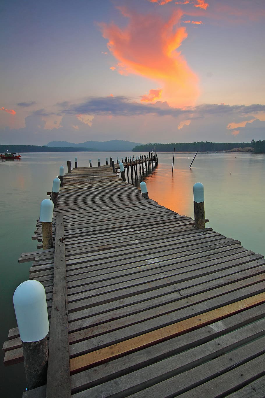 jetty, dawn, sunset, water, clouds, dock, lake, outdoors, reflection HD wallpaper