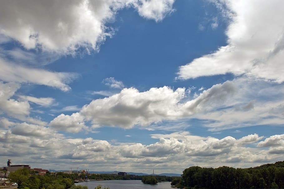 clouds, river, panorama, landscape, cloud - sky, tree, plant HD wallpaper