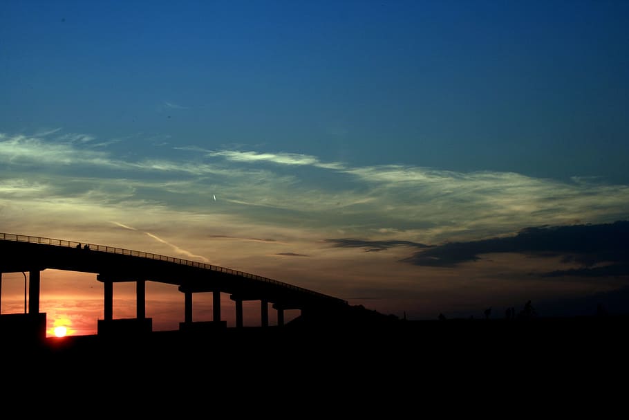 Sunset, Bridge, Sun, Red, Red, Sky, Fire, in the evening, cloud HD wallpaper