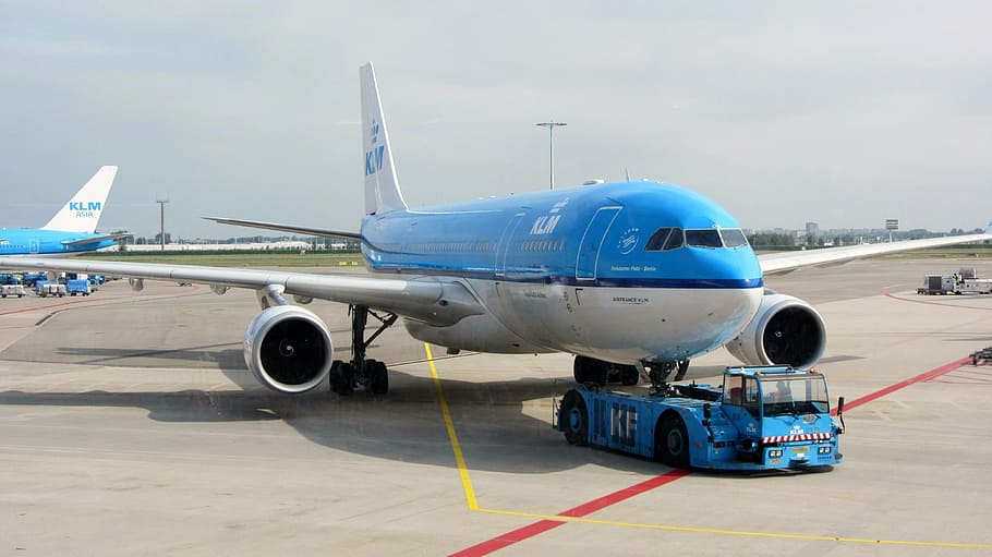 blue and white airliner on airport, plane, klm, fly, travel HD wallpaper