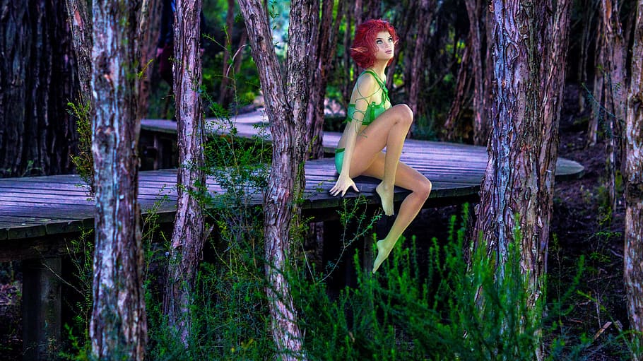 woman sitting on purple tree during daytime, Elf, Fantasy, Boardwalk HD wallpaper