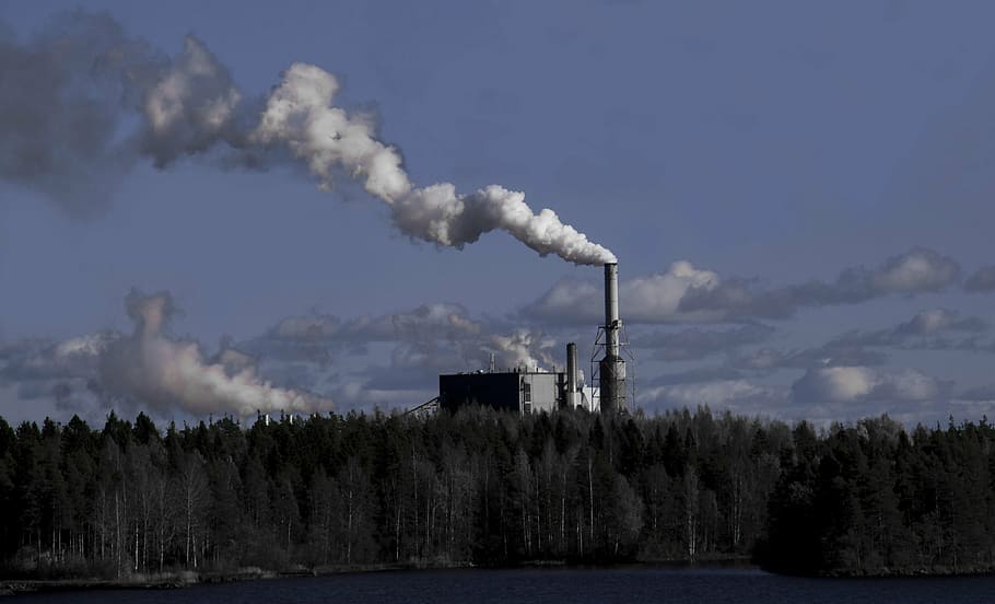 pollution, factory, blue, smoke - physical structure, smoke stack HD wallpaper