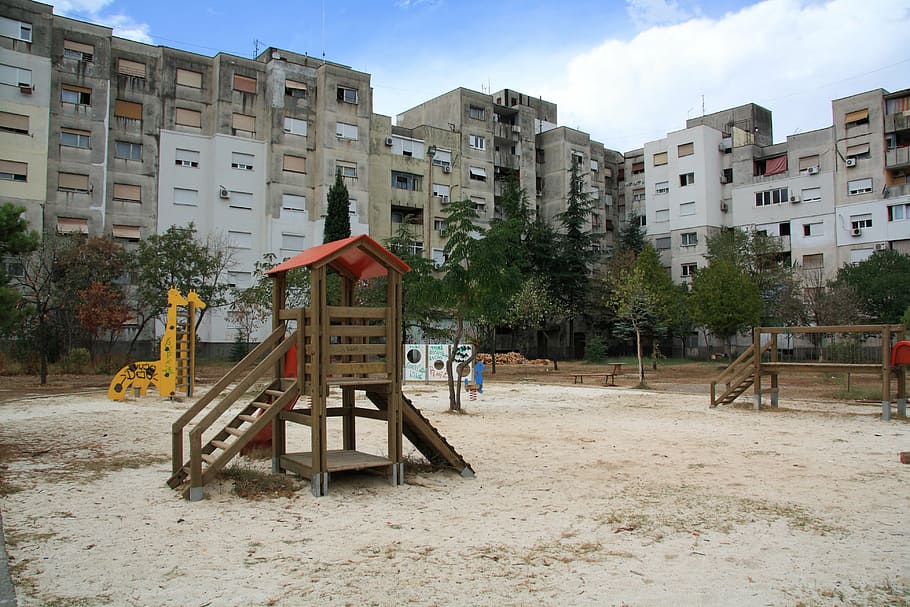 montenegro, podgorica, children, playground, residential area, HD wallpaper