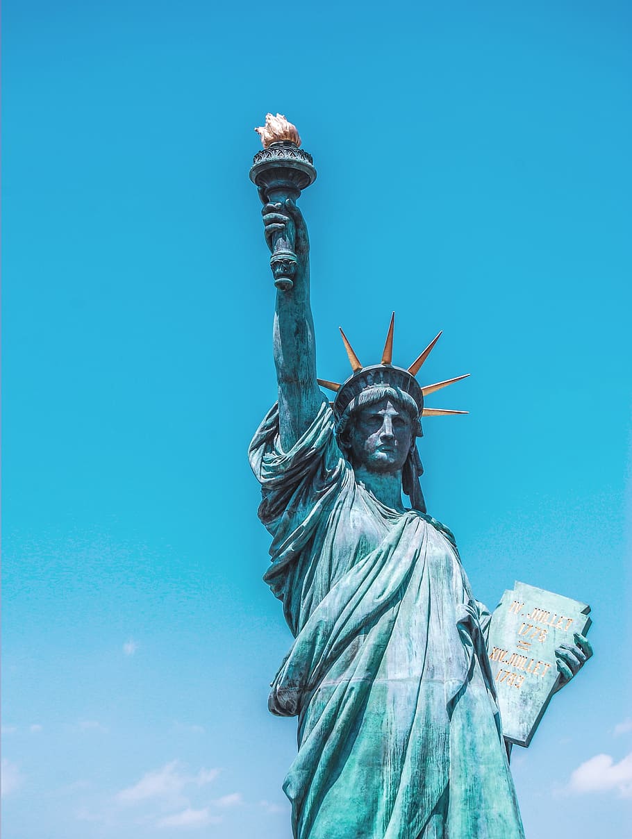 blue, sky, clouds, liberty, sculpture, statue, human representation HD wallpaper