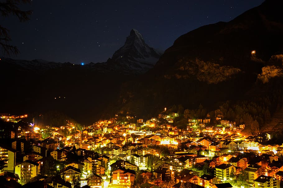 cityscape during nighttime, cervin, zermatt, swiss, nature, travel