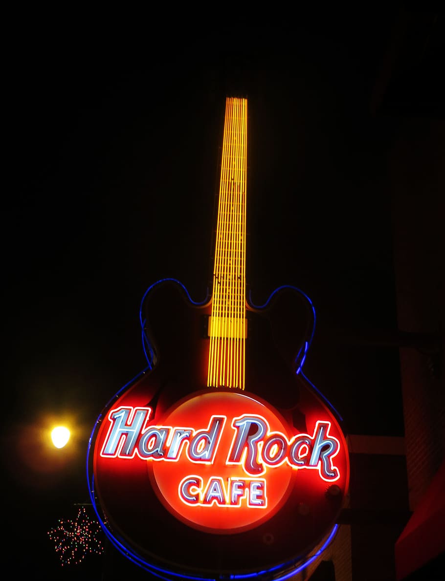 Hard Rock Cafe Led Guitar Signage, acoustic, café, classic, dark, HD wallpaper