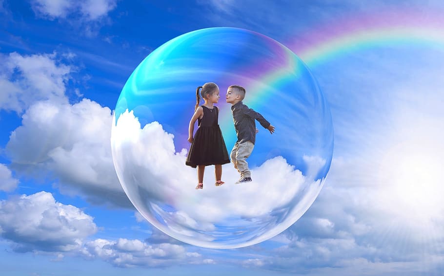 boy and girl in clear bobble, clouds, sky, blue sky, cumulus clouds, HD wallpaper