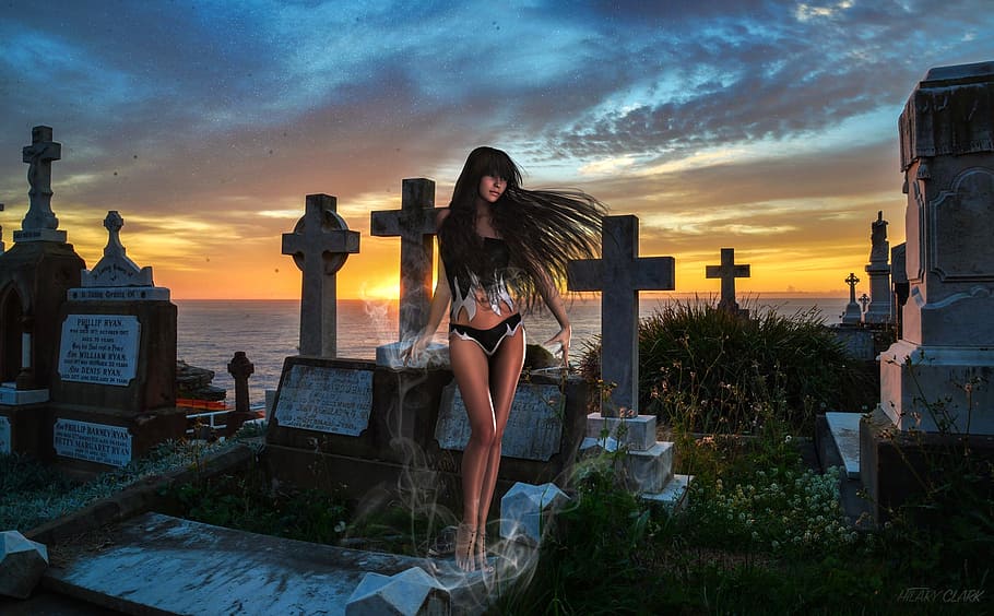 woman wearing black panty standing on the grave, dark, graveyard HD wallpaper
