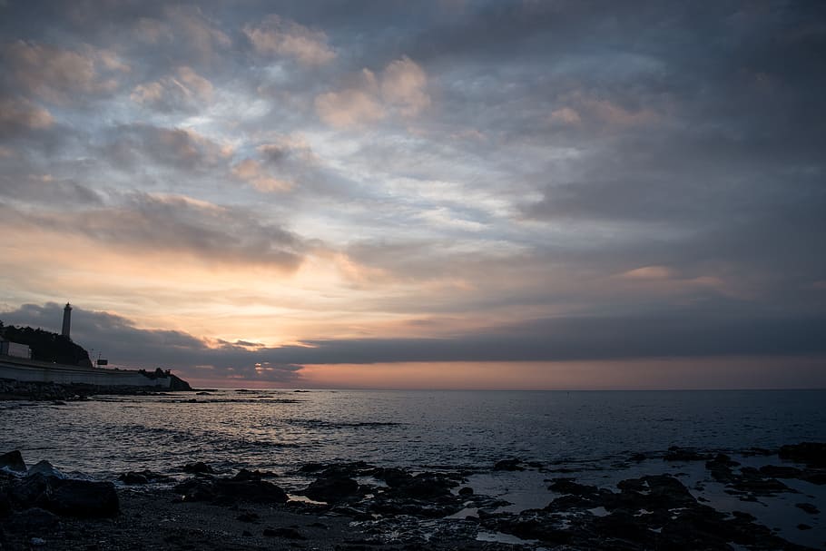 Dawn, Clouds, Sun, Lighthouse, Horizon, sea, awakening, sunrise landscape HD wallpaper