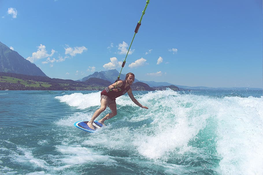 man wake boarding on sea wave, photo, riding, wakeboard, day HD wallpaper
