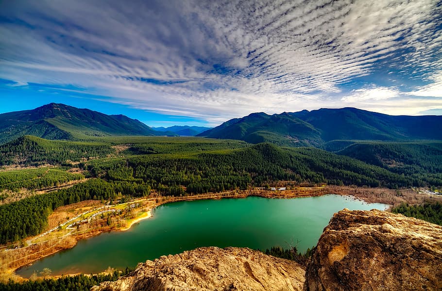 birds eye view of lake, washington, landscape, sky, clouds HD wallpaper
