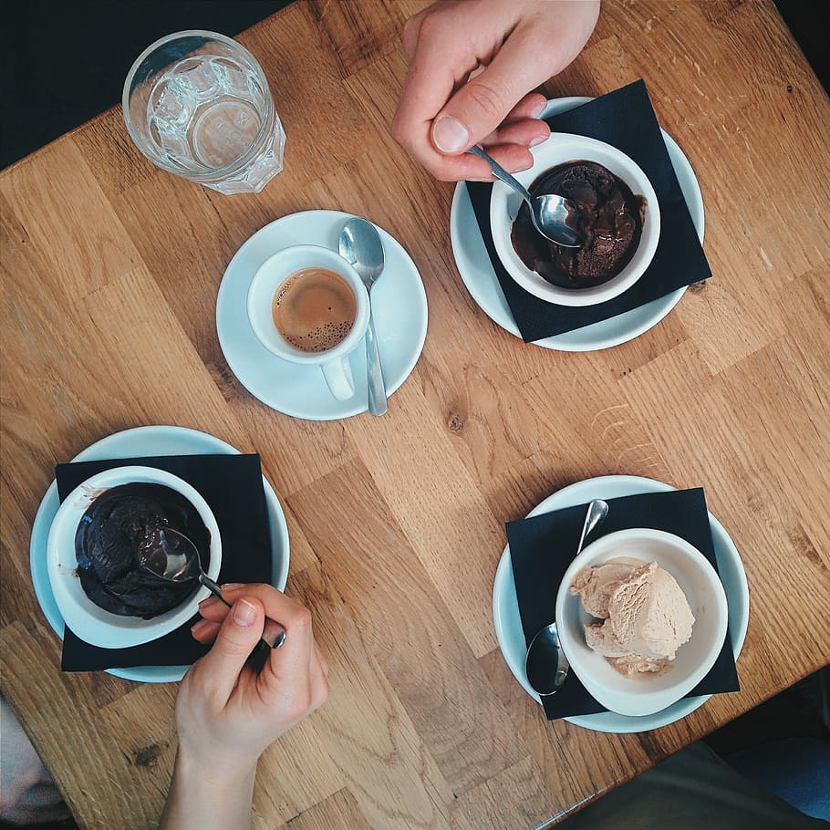 More ice cream than coffee, drink, eating, espresso, hands, top view HD wallpaper