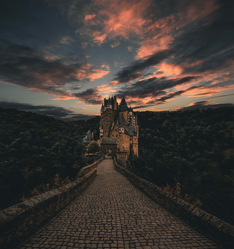Magical Burg Eltz castle., grey concrete bridge near castle between tall trees, HD wallpaper