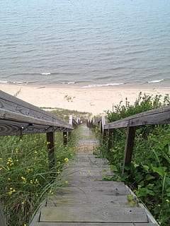 Stairs, Steps, Long, Beach, Ocean, Shore, lake, railing, stairway HD wallpaper