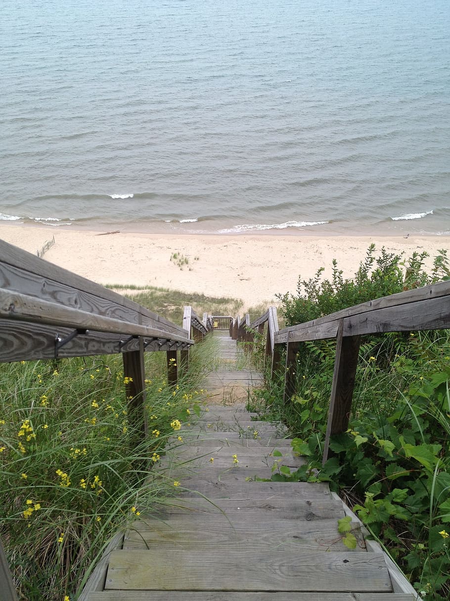 Stairs, Steps, Long, Beach, Ocean, Shore, lake, railing, stairway HD wallpaper
