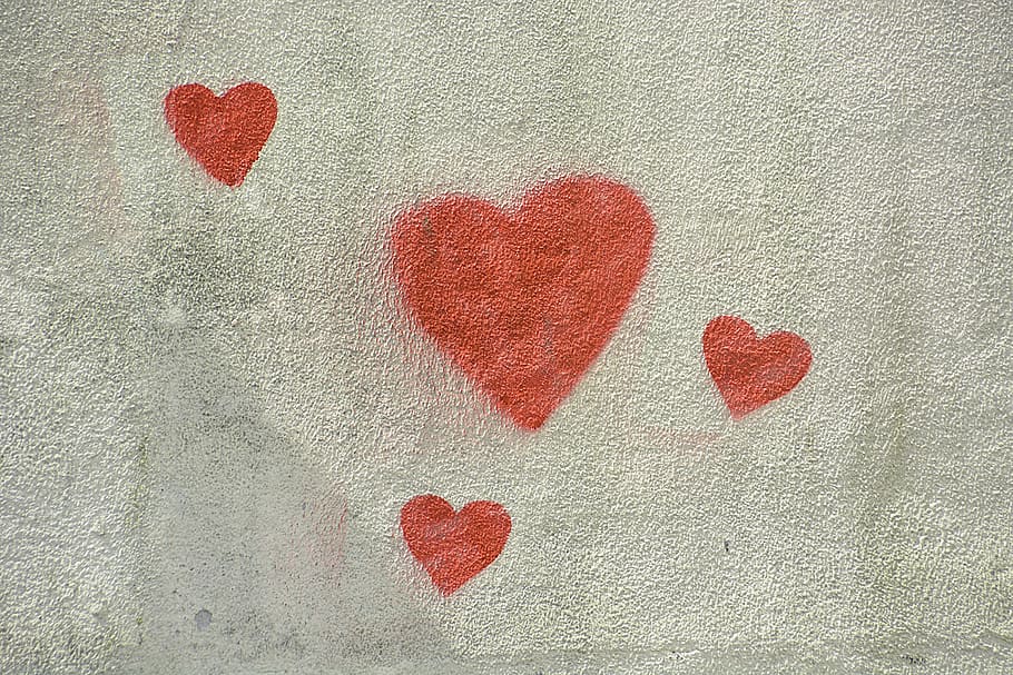 red heart illustration, hearts, wall, facade, house, colors HD wallpaper