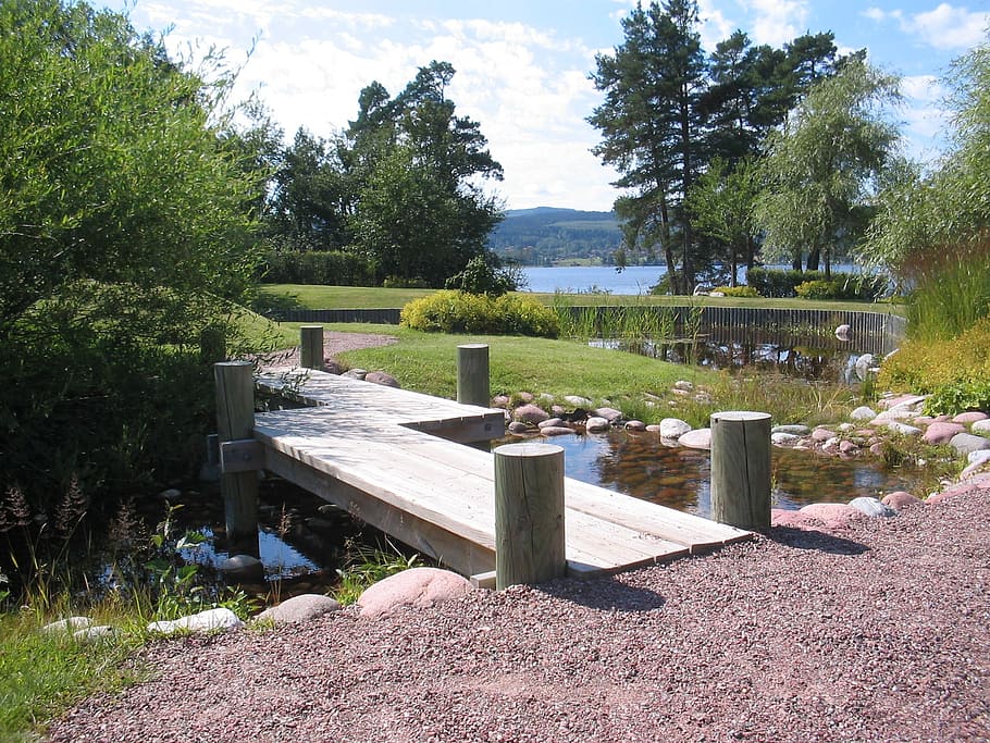sweden, leksand, garden, water, bridges, sky blue, tree, summer, HD wallpaper