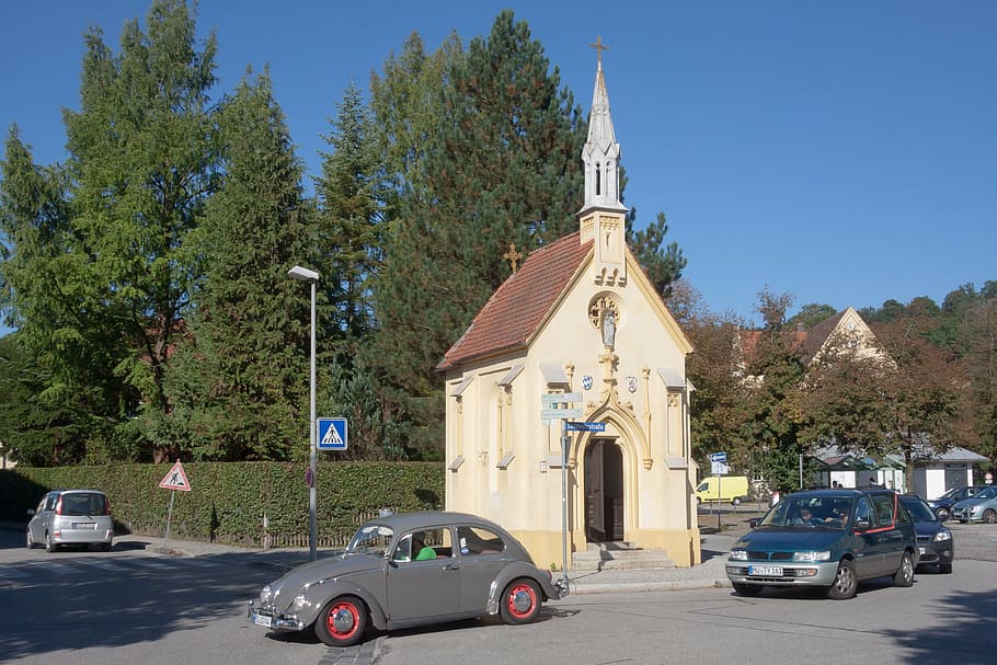 chapel, vw, vw beetle, grey, trees, junction, autos, volkswagen HD wallpaper